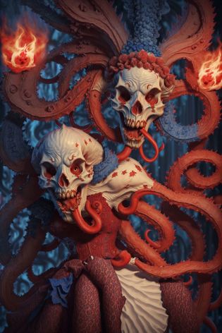 full body photo of a (((red white and blue))) monster woman with a  ((skull head with no jaw)) posing sexy at the carnival, U61yCre4ture <lora:kUglyCreaturesV2:0.5> (tentacles) (spikes) (red pigtails) jester  ((wearing an ornate red white and blue victorian dress)) missing jaw (lovecraftian)   (very pale white skin)  (photorealistic lighting,dreamlike) <lora:fiendisho:1> clown nose (pale white skin)