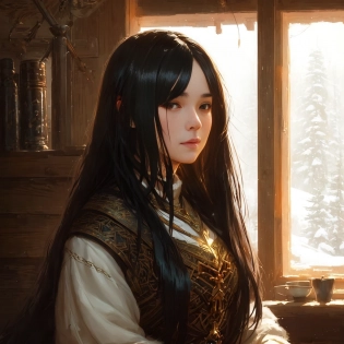 (a beautiful girl in a cozy cabin), masterpiece, intricate details, trending on artstation, cinematic lighting, ultra resolution, long black hair, 1girl, art by ruan jia, greg rutkowski, anato finnstark, fantasy ambiance, medieval, highly detailed face