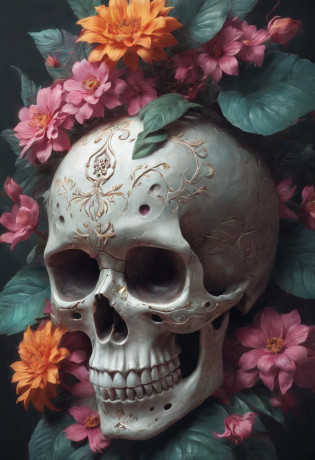 a close up of a skull with a flower on its head, fantasy skull, scary detailed art in color, scary color art in 4 k, sacred skull, conjuring psychedelic background, detailed digital artwork, calavera, sacred skulls, psychedelic illustration, sugar skull, skull face, death skull, scary art in color, skull liminal void background, psychedelic art style