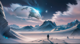 Generate images of fascinating planetary night scenes that capture your imagination?Distant stars?Illuminated by the soft glow of and the mysterious light of the otherworldly moon?Paint out an otherworldly landscape?Under the enchanting night sky?Indicate the unique features of the surface of each planet - from the shimmering ice fields of the icy world?Rugged mountains of a distant blue planet?and the vast ocean?Using the power of AI?Take viewers to a distant world?Immerse yourself in the ethereal beauty of planetary night, Very realistic, photograph, Super Detail, high details, High quality, in 8K