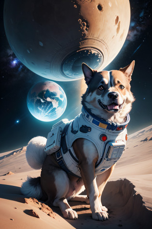 Un magnifique chien cosmonaute futuriste, He discovers a bone-shaped planet, il flotte dans l'espace et au loin on voit deux galaxy et une magnifique lune