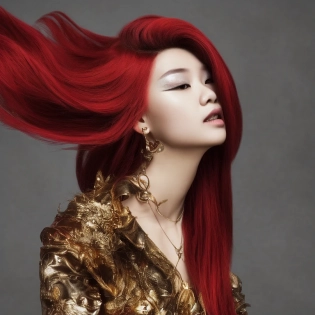 1girl, solo, asian american, magazine photo, detailed beauty, portrait, extremely realistic photograph, mid length hair, red hair, collarbone, detailed gold eyes, octane render
