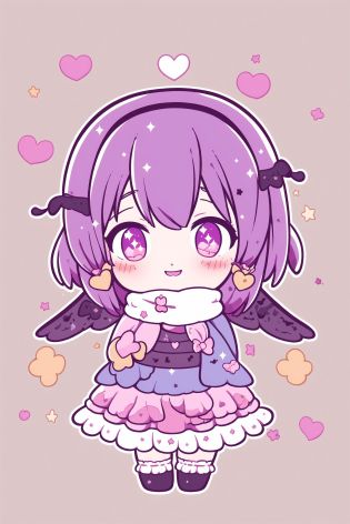 1girl,masterpiece,chibi, commentary request, gaff, gradient hairband, heart, komeiji satoriouheiha happy halloween, looking at viewer another, multicolored clothes, purple eyes, scarf, short hair, smile focus, solo, sparkle earrings, touhou, translatedimono yukikimi miyabiusu ga meikyuu vocaloid, wings visible through fingers, yellow background, zakurozaki-san wa mob ni tenshi ga nai wo omoitantei kekei, zipperippers, pink skirt, ribbon trim andere yuki popura, simple background byeoon izuku, skirt, socks, symbol-only commentary