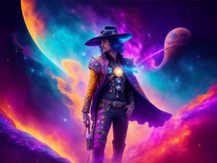 A space cowboy with a cowboy hat, emerging from a nebula, set in a surreal, dark universe, vibrant colors, detailed textures, designed by Alessandro Baldasseroni, with a mix of traditional and digital painting, making use of vibrant colors, detailed textures, and lighting.