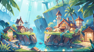 (best quality,4k,highres,masterpiece:1.2),ultra-detailed,realistic:1.37,bright colors,aquatic cyberpunk,vibrant watercolor illustration,cyberpunk,whimsical,tropical village cyberpunk,huge lighthouse,detailed environment,book illustration,cyberpunk atmosphere,serene and lively cyberpunk. Be aware of?This is an extremely high-quality picture?The resolution is 4K?It is a vivid illustration like a watercolor?It shows an underwater village full of fantasy?The underwater village is surrounded by bright and bright colors?An intoxicating atmosphere is formed?There is a huge lighthouse standing in the middle of the village?A huge highlight added to the whole view?The detailed environment is full of the feeling of the illustrations of the book?The whole scene is as quiet and vibrant as a dream?