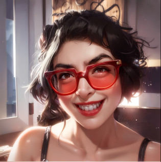 there is a woman with glasses and a red lipstick smiling, headshot profile picture, halfbody headshot, cute slightly nerdy smile, rebecca sugar, slight nerdy smile, msxotto, huge earrings and queer make up, avatar image, emylie boivin, headshot of young female furry, angiewolf, portrait of ((mischievous)), high quality portrait, profile image