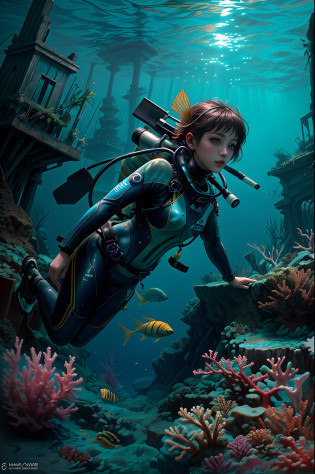 high quality,4k,8k,high resolution,masterpiece:1.2,ultra-detailed,realistic:1.37,underwater,ruins,girl,exploring,bioluminescent,horn,submerged world,ethereal,mysterious ambiance,ancient,scene,water,adventure,scuba diving,diving gear,treasure,coral reef,unexplored,hidden,glowing,historical,precious artifacts,sunken,ruined architecture,deep sea,beautiful,dark blue,illuminating,enchanted,discovery,serene,embrace,secrets,exploration,luminous,diving suit,seaweed,fish,sparkling water,dazzling colors,silent,wonder,deep dive,unearth,ancestral,guide,unveiling.