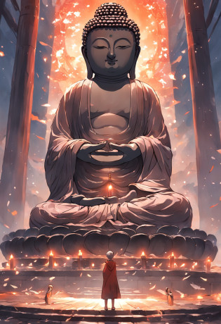 The Buddha statue is located in the middle of the high platform?profile?Middle position?Broken stone Buddha statue?It's bad?Incomplete?stone statue?Chinese Buddha statues?run-down?moss?A muscle man?of a shirtless?Meditate in front of the table