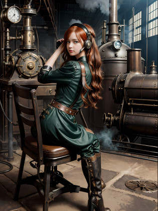 photorealistic, perfect anatomy, realistic character, hyper photorealism, very high contrast photograph, street photography, cinematic lighting, dramatic lighting, shot from the back, (((a girl on a chair is repairing a steam engine in the steamy smoky workshop))), (a 19 yo girl, (Ana de Armas:0.70), (redhead:1.1)), very cute, (perfect eyes:1.1), photorealistic wavy hair, a girl in a steampunk jumpsuit in light gray color, intercom headset, steampunk choker, long leather boots, perfect detailed face, detailed symmetric green eyes with circular iris, fixing a steam engine in the steampunk garage filled with steam and smoke, cogs and gears, steamy background with lots of steam pipes and steam valves and pressure gauges and gears, intricate background, very highly detailed costume, very highly detailed background, steampunk fantasy style, steampunk , steampunk aesthetic, steamy, smoky