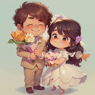 Caricature of a couple holding a bouquet of flowers, Bride and groom, Happy couple, cute couple, Pearl earrings?Jewel Crown?Wedding, couple pose, Bride, kissing together cutely, marriage, couple, wedding photo, Holding flowers, romantic couple, Cute little bear?Little bear on the ground?carrying flowers, kissing together, celebrating an illegal marriage, true love, Cartoon style illustration, bridegroom, With flowers, cartoonish style?full bodyesbian, Masterpiece, 3D rendering of, Best quality, Lots of detail, (Plain background), vinyl toy figurine