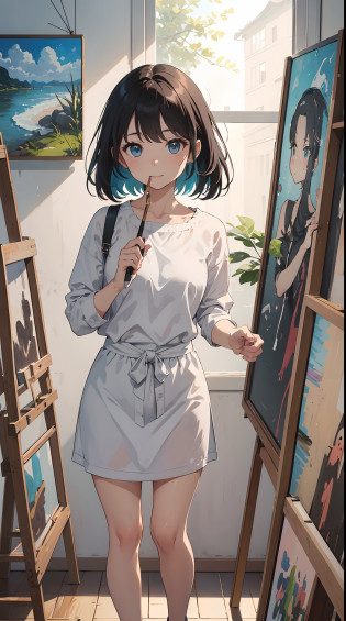 The illustration is?It depicts a touching moment when a pretty girl tries her hand at painting for the first time?She?Inside the art studio?Standing in front of the canvas?Pick up the brush?In those eyes?Mixed with anticipation and a little anxiety?

In the background?Masterpieces and art tools are meticulously drawn.?They enjoy this special moment even more?It makes you feel the possibilities?

The moment she brought her brush closer to the canvas?Its expression changes completely.? The first brush transferred color to the canvas?A sense of pure joy and accomplishment spreads across her face?By her creativity?It's like being filled with new colors and shapes?