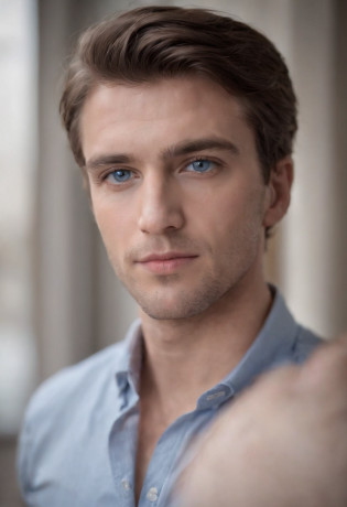 The Handsome Enigmatic Look - Immerse yourself in sensual shadows with an extreme close-up that highlights the striking and deep blue eyes, short messy brown hair, (shaven:1.3). The mastery of light and shadow adds depth to its masculine aspect in this dramatic composition.... Captured with a Fujifilm GFX 100S and a Fujinon GF 63mm f/2.Objectif 8 R WR --ar 9:16 --s 350 --c 10 --style brut