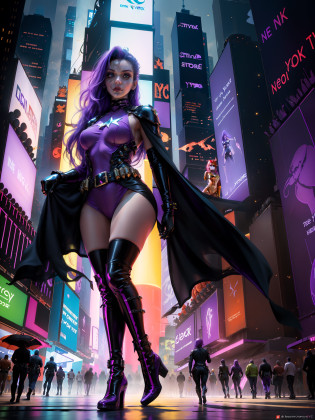 (New York :1.5), (time square :1.5)Starfire, whose real name is Koriand'r, is a DC Comics character and member of the Teen Titans. She is an alien from the planet Tamaran and has a unique physical appearance and perfect clear pretty face: Physical appearance: Koriand'r has an exotic appearance and physical characteristics that distinguish her as a Tamaranean: Skin color: Her skin is orange, a reddish tone and orange characteristic of their alien race. This is a notable feature that makes it easily recognizable. HAIR: Koriand'r has long, wavy purple or violet hair that falls to her shoulders or back. Eye: Her eyes are usually portrayed as green, and they can emit a green glow when she uses her powers. Height and Physical Shape: She is tall and slender, with an athletic figure that reflects her superhuman strength and ability to fly. Typical costume: Starfire's costume is quite iconic and reflects her alien origin and star powers: Bodysuit: She wears a bodysuit that covers her entire body. The costume is usually in (purple or black color :1.5) and has star-style details in green or gold. The bodysuit is often decorated with a star on the chest, which is a striking feature. Boots and Gloves: Starfire wears knee-high boots and gloves that match her look. These boots and gloves also often have stellar details, like stylized stars or sparkly patterns. Shovels: She usually wears a belt that can be decorated with a star as a buckle. hair: she usually wears her hair long, which adds an additional touch of exoticism to her look. (minimal clothes: 1.5), (large breasts: 1.3), (hanging breasts: 1.5), (disproportionate breasts: 1.4), (realism:1.5), (Realisitc:1.4), (Absurd:1.4), 8k, ultra- detailed, detailed handsome man, (only:1.4), 1girl, (Viewer facing:1.2), Intricate body details, (Curvy:1.3),(short:1.3