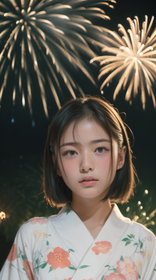 ((Night road in the countryside:1.5))?((Fireworks are set off in the sky:1.5))?((Young woman in white floral yukata:1.3))?(?masterpiece?top-quality) ?Soft lighting?absolutely outstanding image, very extremely beautiful??masterpiece, top-quality,Photos, kawaii?(Colossal tits:1.2)?20 year old girl?(The skin is reddened:1.3)?Young adorable Japan face, dewy skin, close up of face, Young Face, soft portrait shot 8 k, If?Shishi Japan girl realistic young idol?Young cute gravure idol?Young Sensual Gravure Idol?Young gravure idols?model in Japan