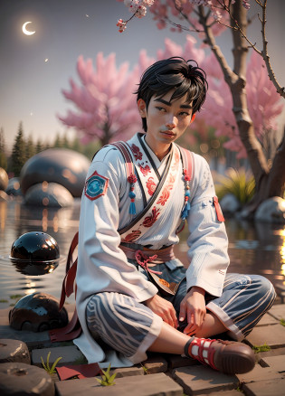 Character, oriental man model, A skinny young man in a Zen costume,(cotton texture), sat on the ground,  The background is the Japanese Kuma Garden and Go board?ultra short hair?Very bright eyes?detail on eyes), long legs, Lighting details, Anime style with defining strokes, Dark background with moon blue light, 8K, hyper HD, severe low lighting, High quality, Sharp focus, Fujifilm XT3