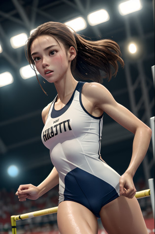 (Best Quality,8K,hight resolution,masuter piece:1.2),Ultra-detailed,Realistic:1.37,Portrait,girl track and field athlete,Teenage girl,small head,Cute,Sporty,Charming face,Detailed beauty face,Very realistic skin,Wet skin,Sweat,Large breasts,Narrow waist,nice legs ,jump,Sporty,track and field,Cinematic lighting,