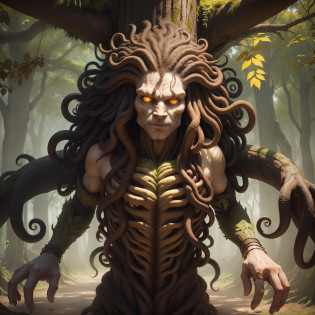 monster, 2 meters, a tree, human face, Yellow eyes, Hands Branches, Column legs, curly hair with leaves, Top Quality, tmasterpiece, Repulsive appearance, Resemblance to oak, on two legs, close to the viewer
