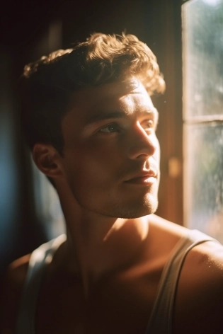 Full angle shot, hyper-realistic photo, handsome man in beachwear, ray tracing, perfect yes, photo on iphone 14 in mirror, short dark hair, cozy bright room :: film grain, Kodak portra 800, f1. 8, golden hour