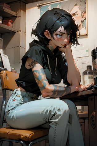 masterpiece, best quality, high detailed, concept art, (anime:0.55), (nsfw:0.25), sitting in chair, tattoo artist, tattooing, sitting down tattooing someone, short black hair, pretty eyes, plain clothes, normal clothing, cowboy shot, pretty, very pretty, beautiful lighting, pretty girl, big breasts, thick thighs, tiny waist, white, asian, Caucasian, light skin, bent over, deep in thought, dynamic angle, perspective, head down in thought, focusing on drawing, focused on tattoo, pants, jeans, shirt, hoodie, holding pencil, holding tattoo gun, looking down, looking away, on stool, tattoo shop, bent over and sitting