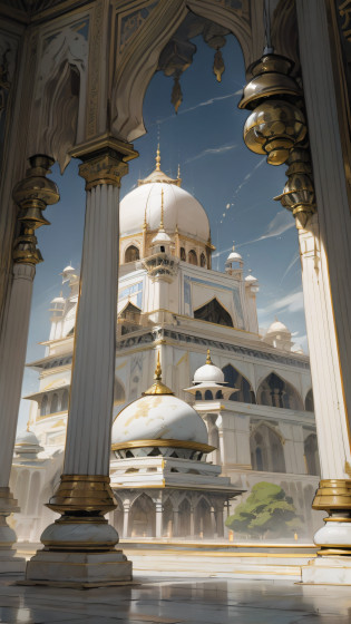araffes of a building with a dome and a tree in front of it, taj mahal, india, in a city with a rich history, white marble buildings, higly intricate, with great domes and arches, taj mahal made of cheese, mesmerising, in majestic, usa-sep 20, intricate photo, indian empress, viewed from very far away