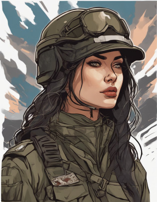 /imagine prompt: military girl, Finnish, illustration on front with white background sticker, Bold outline style, Jagged edges, Trash core, Light Shadow --V 5.2