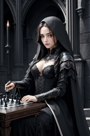 8k portrait of beautiful girl knight, intricate, elegant, highly detailed, (masterpiece, sidelighting, finely detailed beautiful eyes: 1.2), hdr, girl knight plays chess with grim reaper, dark fantasy, gothic atmosphere, gloomy, grim reaper, chess tournament, dark cathedral background, realistic, detailed, girl knight versus grim reaper, 2 opponents