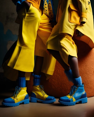 Fashion shooting, two pairs of yellow and blue shoes on the feet of models, mars, professional photography, high resolution, brand, photorealistic, 8k. --ar 4:5 --q 2