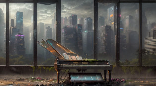(((Artistic Image, metade da imagem com (Cena surreal com um piano de cauda em meio a paredes desmoronadas, Piano de cauda com telhado), | metade da imagem com ((Opening to an abandoned night metropolis with skyscrapers in the rain), ((Chuva na cidade):1.5), (deteriorated skyscraper), ( Skyscraper with silt), ( Skyscraper with rust), |  ((Antecedentes com o DEPH):1.5), A dreamlike atmosphere is created by softly lit architectural details, | The piano is a symbol of timeless beauty in the midst of decadence, Pintura Digital com Elementos do Impressionismo, Very high detail, tiro grande angular, Adding a dash of mystery to the composition))), (Rastreamento de caminho), (Cyberpunk), (Post apocalyptic), 16k, UHD, max quality, Max Resolution, ultrarrealista,  Ultra Detalhado