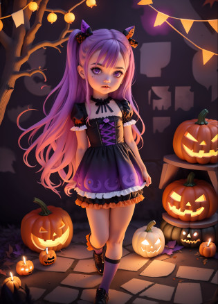 Uma cena de Halloween, bruxa assustadora, Cartoon style Ultra colorful page with purple and lilac line art, Retrato de uma bruxinha meiga e angelical, Bruxinha com cabelo longo, 4k coloring, capa do livro para colorir, capa do livro para colorir, bela arte de linha, Arte estilo Halloween. Background of an old house with lit candles and many pumpkins scattered on the ground.