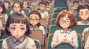 In the classroom?The glasses boy sitting in the back row looked at the back of the short-haired girl sitting in the first row
