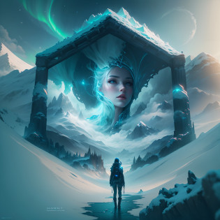 ModelShoot style, (Extremely detailed Cg Unity 8K wallpaper),cyber punk perssonage [Snowy mountain landscape with fog?South Pole?aurora?snow mountains?Igloo]?Ice sculpture palace?Ice block house?The palace of the Ice Queen?Immerse yourself in the beautiful aurora?Live in the clouds of the starry sky?Behind the clouds??multiple exposure?1.8??(Transparent ethereal girl face blends with aurora?Overlay with snowy mountains)?Multiple elements blend the image?photography of?Brandon Woelfelmist?Surreal dreams?Gray atmosphere?raining day?dyna?lut?hdr? 4k highly detailed digital art, 4K detailed digital art, detailed fantasy digital art, Digital artwork 4 K, 8K stunning artwork, fantasy concept art portrait, Digital 2D fantasy art, Fantasy art Behance, Beautiful digital artwork, artgerm julie bell beeple, Epic fantasy digital art style