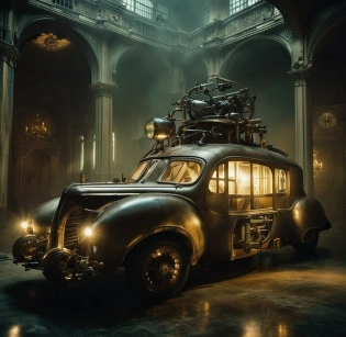 Wide shot of a minimal biomechanical steampunk vehicle reminiscent of 40s car 1940, with robotic parts and glowing headlights parked in ancient lush palace, creepy ambiance, fog, artgerm, giger, by ellen jewett and josan gonzalez and giuseppe arcimboldo