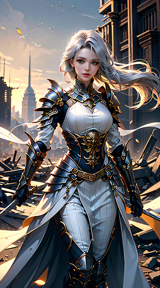 ((Woman, standing on a ruined building, close-up, realistic)) realistic visuals, artistic sophistication, captivating beauty, dramatic contrasts, 8k wallpaper, absurdity, incredible absurdity, golden armor, gadaxintai gaodanvshen, (holding silver sword)), hair floating in the air, ((in battle))