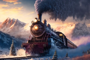 Pixar style, steam locomotive train running through the snowy mountains, the polar express, scenic landscape, stunning environment, dusk, mist, realistic, dramatic lighting, highly detailed, intricate, volumetric lighting, dreamy magical atmosphere, vivid colours, photography, high resolution, 4k digital art, ultra wide angle lens, aerial view, wallpaper --ar 3:2 --v 4