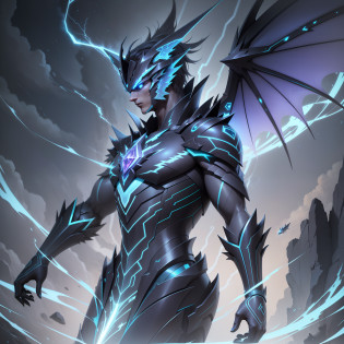 Zephyr is an imposing Eikon, shaped like a majestic storm dragon. His scaly body is shrouded in a gleaming blue hue, which glows brightly as electricity travels through his veins. Its wings are immense, with translucent membranes that appear to be made of lightning, allowing it to deftly fly through the skies. Zephyr possesses a pair of sharp horns that curve back on his head, radiating an electric aura