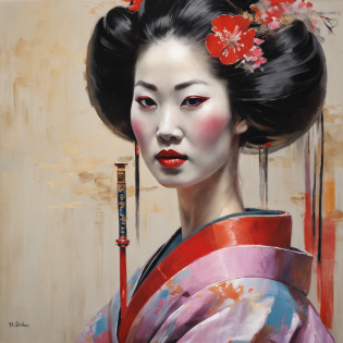 Painting of a geisha woman with a sword in her hand, Portrait de geisha, Portrait of a geisha, Beauty Geisha, geisha, Geisha japonaise, Portrait of a beautiful geisha, Coiffure Geisha, Art japonais, Samurai portrait, Portrait photo de geisha, Geisha described as Japanese, Style artistique japonais, inspired by Toyohara Kunichika