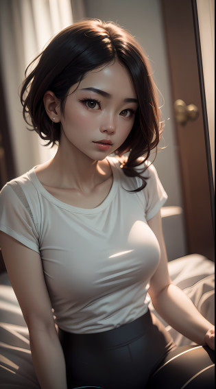 8K?MasterPiece?very high quality?up of a woman in a black dress?Close-up of sitting on bed?Korean girls?sensual look?Sexy shots?Young cute asian girl?cute women?Upper body slip shirt?yoga pant??FULLBODY:1.2??FULLBODY, ambient  light, Backlighting, volume illumination, realisitc, Realistic lighting,cinematic Lighting?depth offield?Clear focus??High Contrast?1.2???filmgrain??