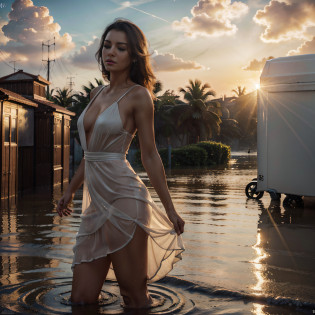(YES NSFW), (1girl), 25yr old girl runs, girl alone escapes from floods and huge waves, (solo girl:1.3), Girl wearing a very long evening white transparent dress, windyupskirt, wind rises her dress showing groin area?((dress lift by yourself)))?(Lifted by yourself)?panties off?no panties?red blush?aparted lips?looking at the viewers? wind moves dress showing her perfect ass. (Front view:1.3). Beautiful face. She runs down in Marrakesh streets. garbage dumpsters around, off-end road?abandoned building?Garbage all over the ground, City landscape. She escapes running from floods and huge waves, Beautiful perfect face. Closed eyes, slightly open mouth, smooth skin, real pores, (windyupskirt), heavy rain, hide one's hands?Do not show your hands. Fog, smoke, front view, best quality, fine details, {{masterpiece, best quality, extremely detailed CG, unity 8k wallpaper, cinematic lighting, lens flare}}. ((extreme detail)), (ultra-detailed), best quality, ultra high res, (8k, RAW photo, masterpiece, realistic, photorealistic:1.4), 8k uhd, dslr, absurdres, ray tracing, high quality texture, intricate details, detailed texture, finely detailed. Extremely Detailed CG Unity 8K Wallpapers?top-quality??masterpiece?realisitic?Photo Real, Dramatic lights, sunrise illumination, light scattering by particles in a colloid such as a very fine suspension (a sol), Tyndall effect, (tyndall effect:1.5)