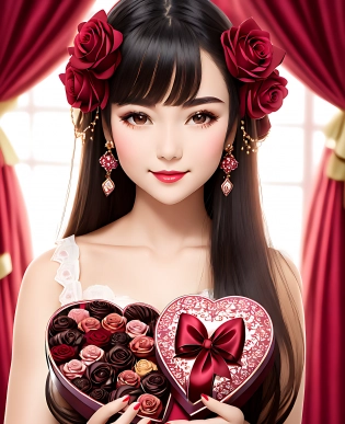 In one hand, the girl holds a bouquet of fragrant roses, their petals velvety soft and their colors ranging from a pale blush to a deep crimson. In the other hand, she holds a heart-shaped box of chocolates, each one intricately designed with a unique pattern and filled with decadent flavors that melt in your mouth.