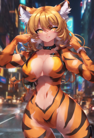 Official art, masutepiece, Sharp Focus,(masutepiece, side lights, Beautiful Eyes of Details: 1.2), 3D Face, Realistic, Perfect face, Absolute resolution, High resolution, Texture, (masutepiece: 1.5), (Best Quality), 8K, (Beautiful Face and Eyes in High Resolution), (girl with), (tiger Girl, Furry girl, Kemono girl, Bad girl: 1.5), (yellow Skin, tiger skin, tiger body, Furry bodyhair, mofumofu,  tiger bodyhair, tiger breasts, Colored skin, Kemono nude: 1.5), (tiger arms, tiger hands, tiger legs, tiger feet:1.5), (Attacking:1.5), Spiky ears, (Oily skin, slender, Long breasts, Gooey breasts, Huge breasts:1.5), Full body, Evil smile, Open mouth, (Thick eyebrows: 1.3), thin hip, Bare legged,(black sclera eyes:1.3), on bed, (tiger girl, tiger Skin:1.5), (corruption, turn evil, spread legs:1.5), Detailed legs, Detailed sole, Many lotions ,(spread legs:1.5)