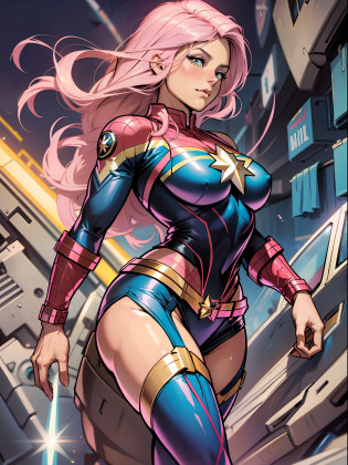 Fluttershy, Huge-breasts, Lush breasts, Elastic breasts, hairlong, Luxurious hairstyle, In the costume of Captain Marvel, pink yellow suit, Elegant boots, in the sky, superhero, brawn, in full height, Hesitate, Magic, Flight beam, beste-Qualit, Very detailed, 8K quality, in full height