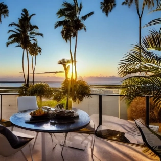 a hyper realistic photo of a retro penthouse, detailed, eye level, golden hour, surrounded by the palm trees and bush, overlooking the ocean