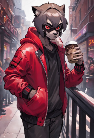 Closeup photograph, a anthro male raccon in a red hoodie and black jacket standing on a railing, modern fashion outfit, cool red jacket, street outfit, street fashion outfit, wearing leather, streetwear fashion, street clothes, red leather jacket, casual streetwear, wearing red jacket, looking heckin cool and stylish, street fashion, wearing a red hoodie, cool style, wearing a leather jacket. Raccon tail, blackish grey fur, holding coffee