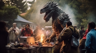IMAGE_TYPE: Photography | GENRE: Sci-Fi | EMOTION: Disaster | SCENE: Godzilla at a BBQ party, wreaking havoc and destruction | ACTORS: Godzilla, Party-goers | LOCATION TYPE: BBQ party | CAMERA MODEL: Sony A9 II | CAMERA LENSE: 70-200mm f/2. 8 | TAGS: giant monster, disaster, BBQ party, destruction, sci-fi