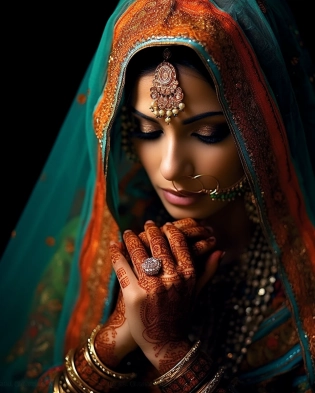 a beautiful Indian bride in traditional wear showing her hands and henna designs, photorealistic, ultra-detailed, hyperrealistic, wide angle lens, high-contrast shading, shot on 70mm, Indian-inspired motifs, dark amber and emerald, dark turquoise and brown, orange and emerald, red and emerald, dark crimson and turquoise, high definition --ar 4:5 --quality 2 --s 750 --v 5. 1
