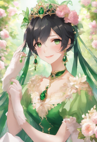 Boyish very short black hair, lipsticks, Japan woman smiling, Green Long Grove,?Emerald Tia boyish very short black hair, lipsticks, Japan woman smiling, Satin green long gloves, Green Pearl Necklace, verd s eyes, Green eyes, Long green gloves made of satin material, big breasts beautiful, Green Bridal Veil, Green eyes, Emerald Earrings,emerald tiara, Green eyes