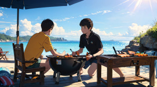 (bestquality), highlydetailed, ultra-detailed, warm, beach, (2boys:1.5), (swimshorts), (barbecue), (sittingbygrill), (leaningonshell), (holdingstick), (shellsonstick), (sunlitseawater), (gentlesunlight), (clearsky), ?UHD?1.5?, (masterpiece:1.5), 8k, best quality --auto