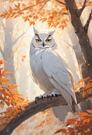 Best Quality,4K,8K,hight resolution,masutepiece:1.2),Ultra-detailed,(Realistic,Photorealistic,Photorealsitic:1.37),season for autumn,In the forest of autumn leaves,White owl perching on a tree,Beautiful detailed eyes,beautiful detailed plumage,Sleek and elegant appearance,Tree branches covered with majestic autumn foliage,Sharp Focus,Blue-white color palette,Soft natural lighting,Impressive contrast between owls and surroundings,Subtle details of the owl's beak and claws,feathery texture,Quiet Halloween atmosphere,frosty breath escaping from the beak of a white owl,Quiet silence and serenity,Ethereal and magical atmosphere,Sensation of subtle movements in the posture of an owl,Impeccable execution of owl feathers,Textured bark,Subtle shadows and highlights of owl feathers,Signs of moonlight peeking through the branches,Peaceful and serene atmosphere