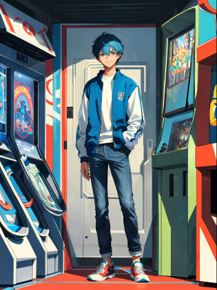 (best quality, masterpiece), 1boy, handsome, 17 years old, athletic, ((arcade background)), full body, standing, green eyes, grey zip up jacket, Nintendo t-shirt, royal blue hair, slight smile, long blue jeans pants, blue and white tennis shoes, athletic body, white socks