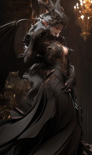 a anthropomorphic furry dragoness, villainess queen, intricate luxury attire, wags her hips in the crystal hall, composition evoke a sense of admiration, dark and brooding designer daz3d, strong sense of realism, dark kingcore, realistic and detailed, emotional, epic dramatic lighting, 32k UHD resolution --style expressive --ar 3:5 --upanime --niji 5 --q 3